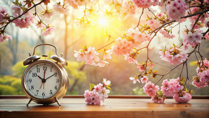 Vibrant cherry blossoms surround an alarm clock, symbolizing the start of daylight saving time in spring, as sunlight peeks through the window, signaling the time change.