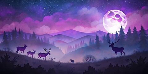 Deer Herd Under Starry Night as Wallpaper or Poster Design
