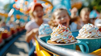 A group of excited kids is enjoying a fun ride at an amusement park, with colorful cupcakes in front, capturing the joy, excitement, and sweetness of childhood moments.