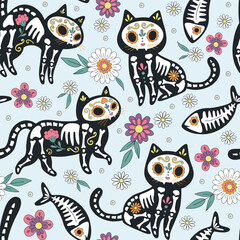 Black cat skeleton sugar scull vector seamless pattern. Mexican Day of the dead background
