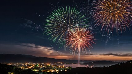 Night Sky Fireworks Display Over Cityscape