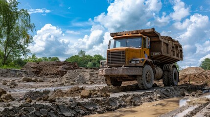 Obraz premium Yellow Dump Truck on a Dirt Road.