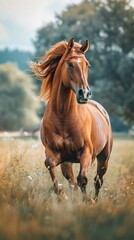 A majestic horse galloping across a field its mane 315 horse, animal, brown, farm, head, portrait, equine, nature, mammal, white, stallion, equestrian, mane, beautiful, mare, grass, eye, pasture, beau