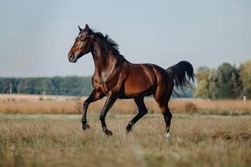 A majestic horse galloping freely across a field a 318 horse, animal, brown, farm, grass, field, nature, foal, pasture, mare, horses, stallion, meadow, equine, mammal, animals, green, equestrian, mane