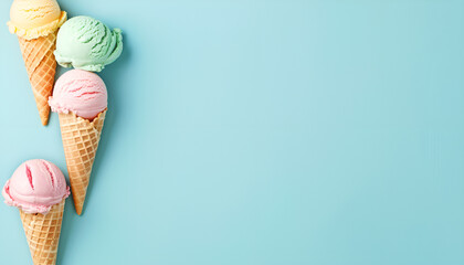Pastel ice cream in waffle cones, bright background, copy space