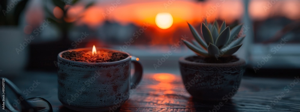 Sticker  A tight shot of a cup on a table, featuring a candle inside In the backdrop, a potted plant is visible