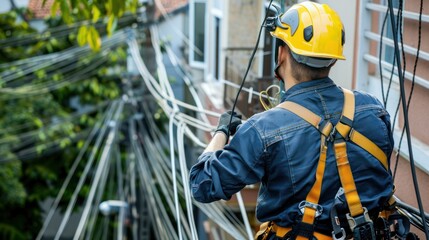 Fototapeta premium Utility worker repairing power lines with a safety harness.