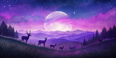 Deer Herd Under Starry Night as Wallpaper or Poster Design