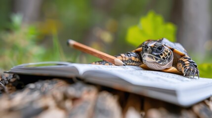 A colorful turtle with a distinctive shell pattern rests on a notebook, seemingly writing with a pencil, set against a natural, blurred background of green foliage.