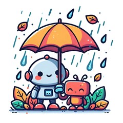 Cartoon style robots under an umbrella in the autumn rain on a white background, flat colors