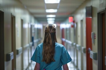 Obraz premium Back view Nurse walking down hospital corridor