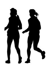 Young athletes run a marathon. Isolated silhouettes on white background