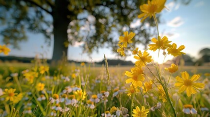 Vibrant yellow flowers bloom brilliantly in the foreground of a picturesque meadow, with a large tree offering shade and a serene backdrop on this sunny day.