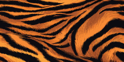 Detailed Tiger Skin Pattern Vector Illustration With Wild Texture. Animal Striped Skin Fur Pattern Texture Background