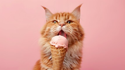 Portrait of a ginger cat licking an ice cream cone on a pink background