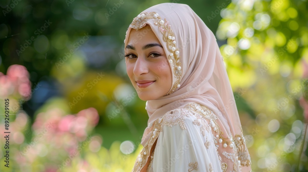 Wall mural A woman wearing a white hijab with gold beads on it