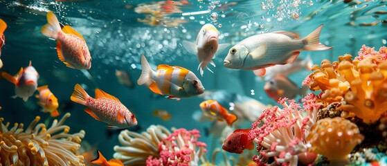 Fototapeta premium Underwater Paradise: Colorful Schools of Fish Gliding Through Vibrant Reef Landscape