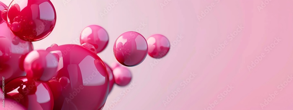 Poster  A pink backdrop features a cluster of balloons in shades of pink aloft against it, alongside a pink wall and white expanse