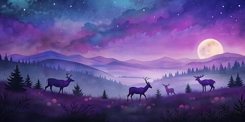 Deer Herd Under Starry Night as Wallpaper or Poster Design
