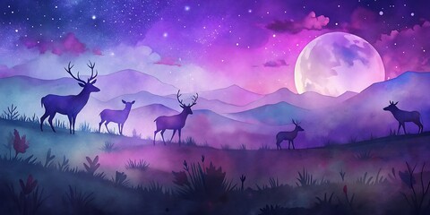 Deer Herd Under Starry Night as Wallpaper or Poster Design