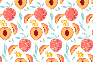 Seamless pattern with Pink Peach, whole fruits and sliced fruits. Hand drawn doodle sketch vector illustration. Food eco Repeated template for background, textile, wrapping paper, wallpaper, scrap.