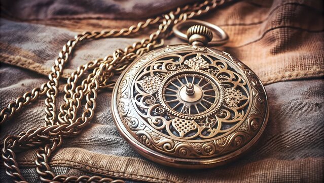 Time's Unfolding: A Close-Up Depiction of a Worn Pocket Watch with Ornate Designs and a Clasped Chain Generative AI Computational creativity