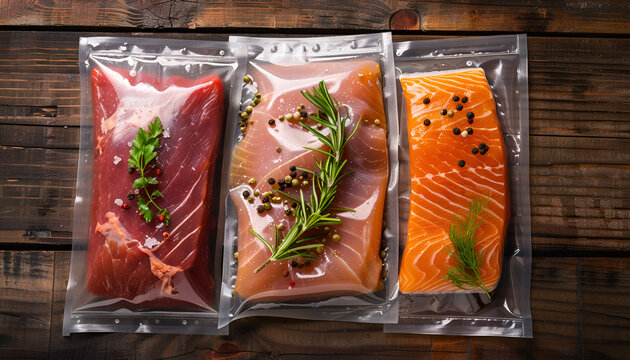 Beef, chicken and salmon in vacuum plastic bag for sous vide cooking