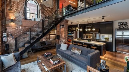 Modern Loft Interior Design with Exposed Brick Walls and Metal Staircase.