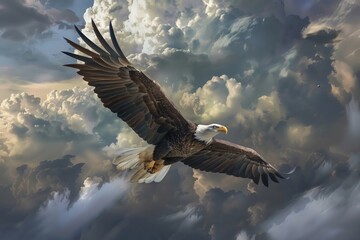A majestic bald eagle soaring through the clouds a 300 bird, eagle, flying, flight, sky, fly, nature, wings, wildlife, animal, vulture, blue, bald, wing, soaring, raptor, bald eagle, crow, wild, prey,