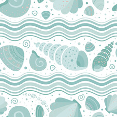 Naklejka premium Seamless vector pattern with shells. Turquoise color. Suitable for baby prints, baby decor, wallpaper, wrapping paper, stationery, scrapbooking, etc.