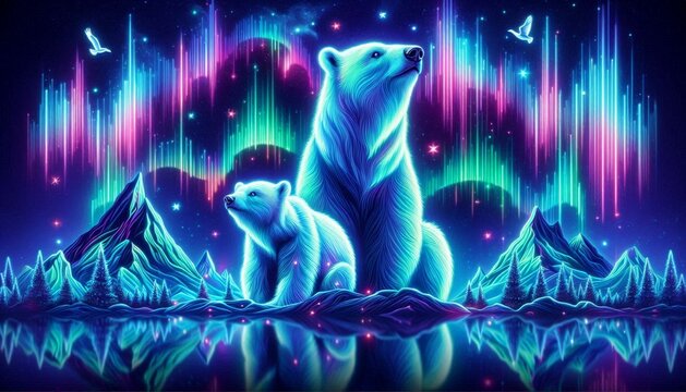 Polar Bear and polar bear on abackground of the night sky. 3drendering