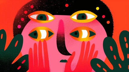 Fototapeta premium Abstract illustration depicting heightened perception and awareness with a stylized face, multiple eyes, and hands.
