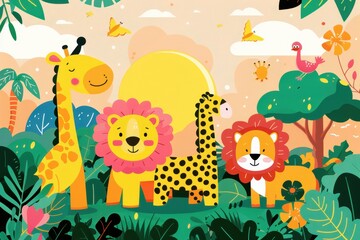Fototapeta premium Cute Cartoon Animals in a Jungle Setting