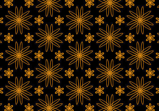 Golden Floral Opulence: A seamless pattern of stylized, radiant gold flowers set against a dramatic black backdrop. 