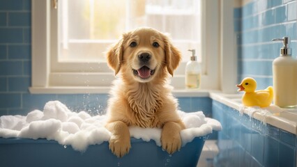 A happy golden retriever puppy enjoying a playful bath in a blue bathtub filled with soapy water. Surrounded by a yellow rubber duck and shampoo bottle, this adorable pup looks directly at the camera.