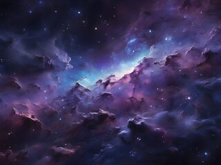 A stunning, vibrant galaxy background featuring swirling clouds of iridescent blue and purple gas, illuminated by a multitude of twinkling stars that gradate in size and intensity. Generative AI