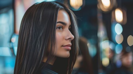 Obraz premium A woman with sleek straight hair, looking into a mirror at a salon