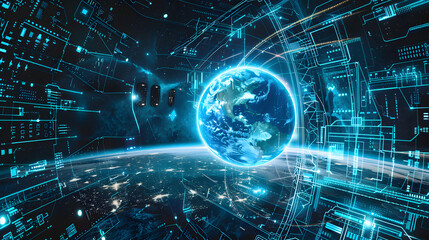 Fototapeta premium futuristic digital planet Earth space global map technology starry cosmic atmosphere data neural network innovation cyber astronomy circuits high-tech communication science web transmission internet
