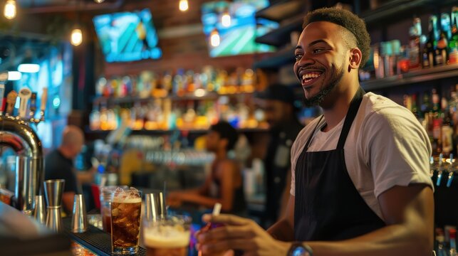Bartender serving drinks in a crowded sports bar
