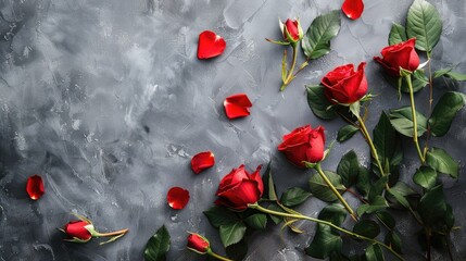 Red roses on a gray background flat lay with copy space