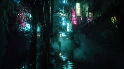Neon-Lit Rain in a Cyberpunk Alleyway