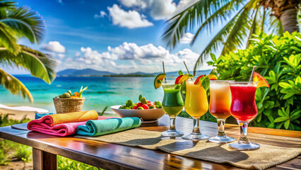 Fototapeta premium Vibrant summer scene at an outdoor beach bar, colorful cocktails and towels scattered, with a stunning ocean view and lush greenery in the background.