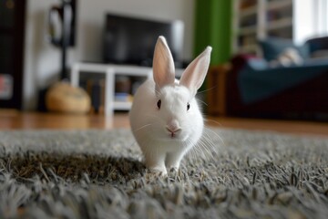 A cute white rabbit curiously explores an indoor living room, highlighting its playful nature and the cozy home environment.
