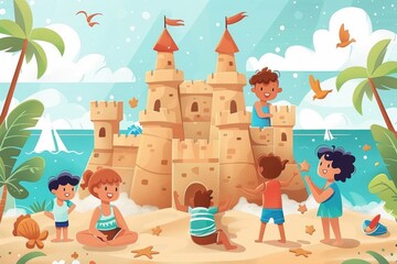 Kids Playing on the Beach with Sandcastle