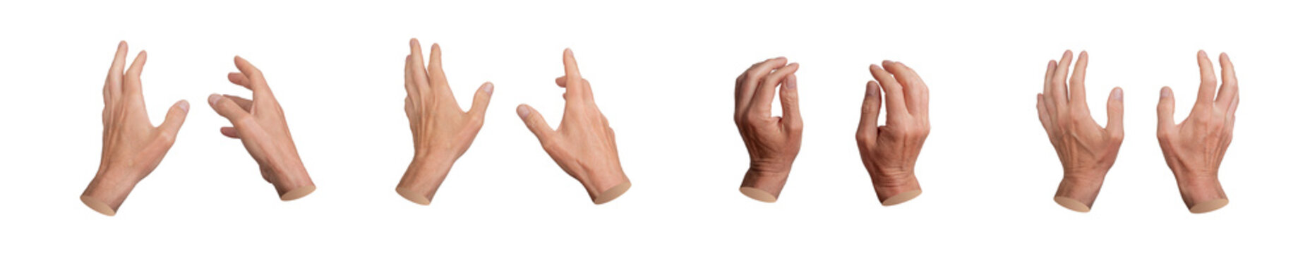 Both two hands reaching, touching, holding and taking something invisible, set isolated on white background..