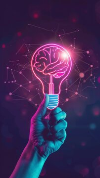Creative Thinking, hand Holding Neon Light Bulb Shaped as Brain for New Ideas symbol innovation