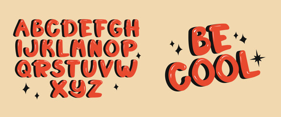 Orange glossy alphabet set in retro colors. Hand-drawn bubble letters in uppercase with black shadows on beige background. Playful font for designs, posters, educational materials. Groovy comics style