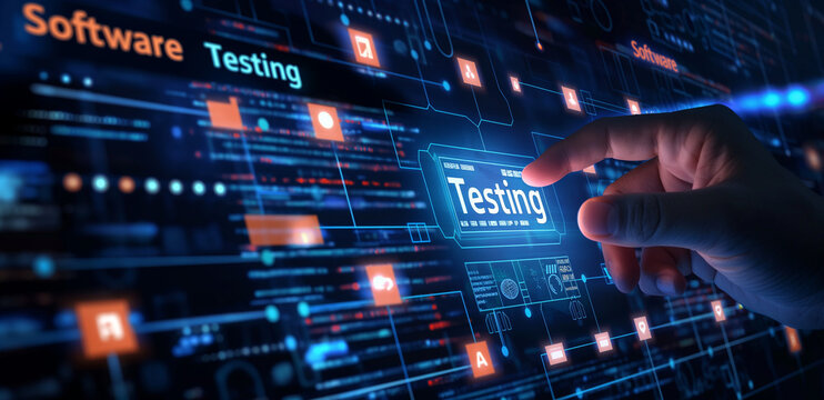 A hand touches a digital screen with text Software Testing and icons. Defects, bugs, errors in codes, Quality assurance, digital technology, AI. - Powered by Adobe