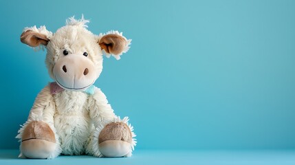 Fototapeta premium Teddy cow seated on blue background