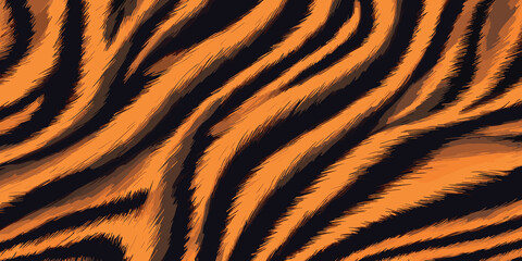 Detailed Tiger Skin Pattern Vector Illustration With Wild Texture. Animal Striped Skin Fur Pattern Texture Background